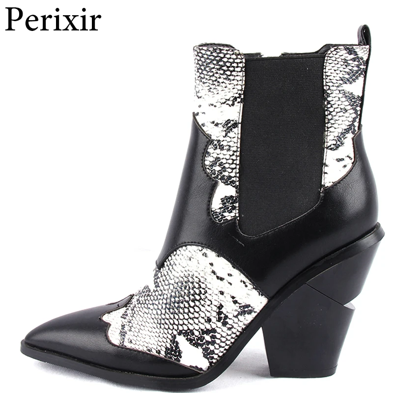 

Women Casual Stacked High Heels Snake Print Zip Ankle Boots Shoes Female Ladies Ankle Booties Pointed Toe Western Footwear Boots