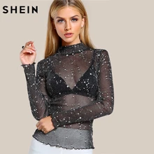 SHEIN Mock Neck Lettuce Hem Glitter Mesh Blouse Sexy Womens Long Sleeve Tops Black High Neck Elegant Slim Blouse