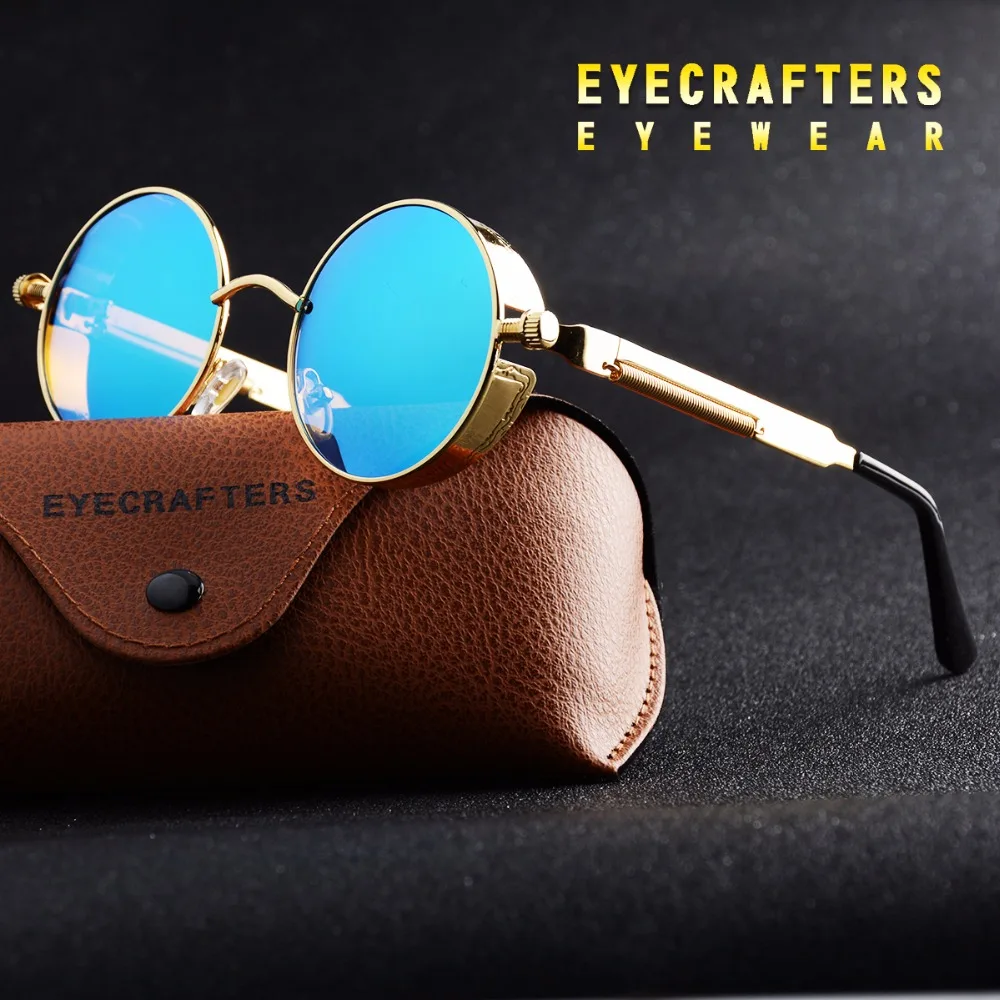 Gold Round Polarized Sunglasses Gothic Steampunk Cermin mata hitam Mens Fashion Fesyen Retro Vintage Shield Glasses Eyewear Blue