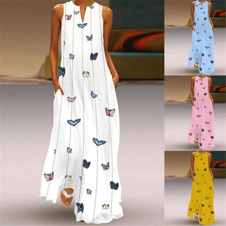 2019 Summer Women Butterfly Print Print Loose Maxi Dresses Fashion V-neck Catwalk Party Dress Ladies Sleeveless Long Dress