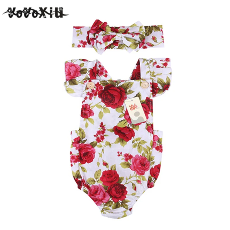 

HOT SALE yoyoxiu New Floral Baby Girl Clothes Summer Ruffles Halter Romper+Headband Outfit Toddler Kids Clothing Set