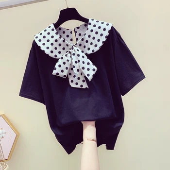 

Wave Point Bow Knot Splice T-shirt Female 2019 Summer Casual Tshirt Women Short Sleeve Loose T-shirts Girls Tee Students Tshirts