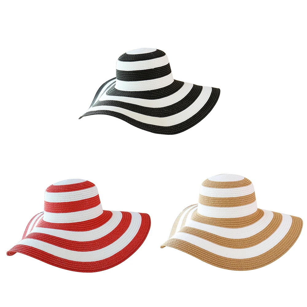 Модные элегантные соломы Лук защиты от солнца шапки открытый Sunhats Для женщин классический полосатый соломенная шляпа большой край открытый пляжные кепки