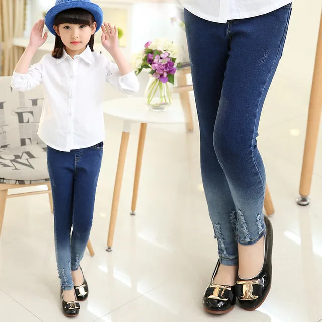 2018 Baby Girls Spring Jeans Pant Size 3 4 5 6 7 8 9 10 11 12 Years Kids Blue Elastic Waist Casual Jeans for Girls Pants 5M09