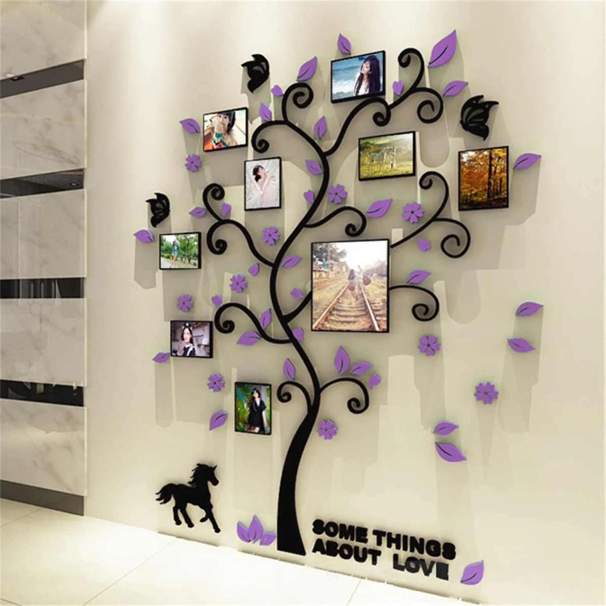 3D акриловая фоторамка семейное дерево наклейки на стену Наклейка для гостиной спальни художественные картины фрески домашнее украшение Стены 130*107 см - Цвет: Purple Leaves