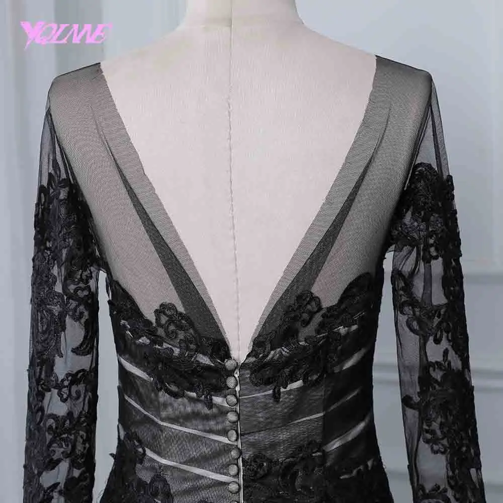 YQLNNE черные кружевные платья с длинными рукавами русалка выпускного вечера орнаменты вечернее платье с открытой спиной