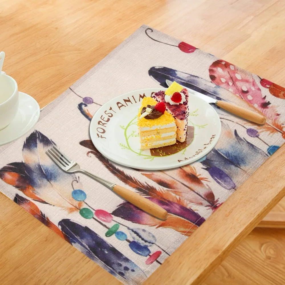 

Colorful Creative Feather Pattern Table Mat Kitchen Decoration Placemat Table Napkin For Dining Accessories LinenTable Mat