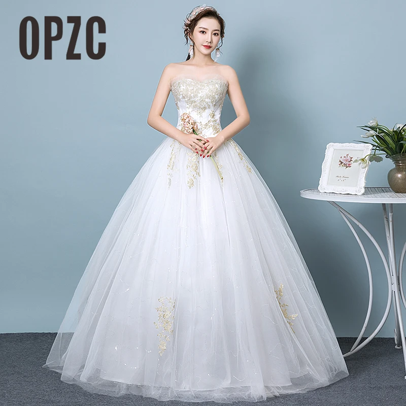 

New Arrival Sexy Strapless Wedding Dresses 2018 Appliques Pattern Tulle Bridal Gowns Pears Beading Robe de mariee Vestidos