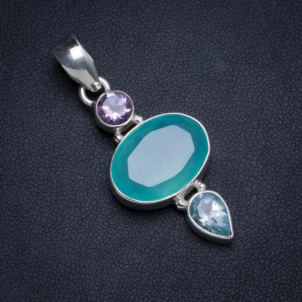 

Natural Chalcedony Blue Topaz and Amethyst Handmade Unique 925 Sterling Silver Pendant 1.75" X0117
