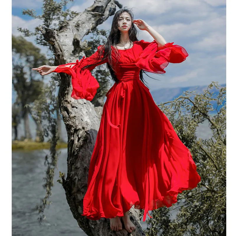 

Red Women's Vintage Flare Sleeve Fold High Waist Elegant Chiffon Mid Dress Big pendulum Bohemian Beach Long White Female Dress