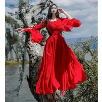 Red Women's Vintage Flare Sleeve Fold High Waist Elegant Chiffon Mid Dress Big pendulum Bohemian Beach Long White Female Dress