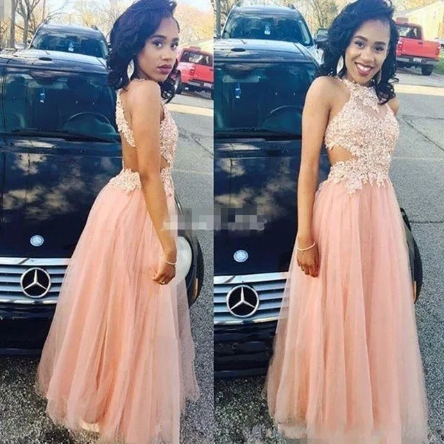 

2017 Pink Long Lace Chiffon Prom Dresses Tulle Halter Sexy Backless Women Formal Evening Dresses vestido de festa