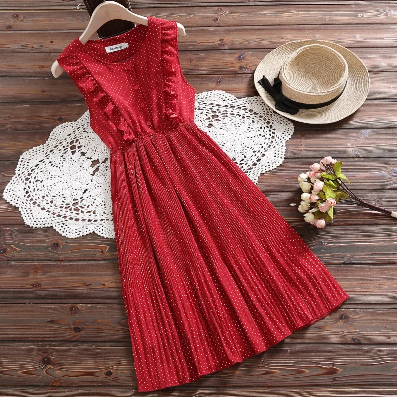 

KYQIAO women bohemian dress 2019 female summer Japanese style o neck sleeveless white red dot pattern dress vestidos