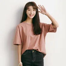 Летняя свободная футболка для женщин, однотонный топ с круглым вырезом и коротким рукавом, футболки для молодых девушек, коричневая зеленая и розовая футболка A588