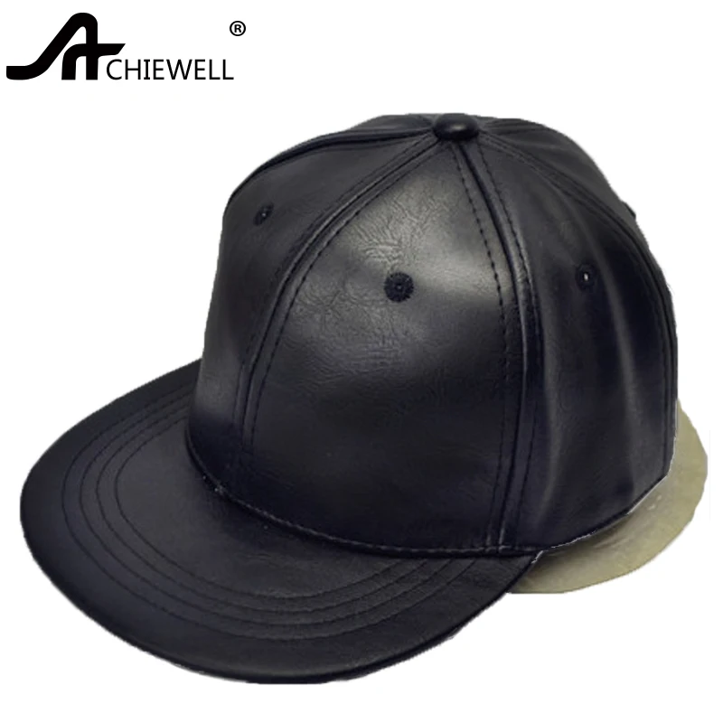 ACHIEWELL PU Leather Hiphop Black Basketball Caps Men Caps Brand Adjustable Bone PU Hats For Men