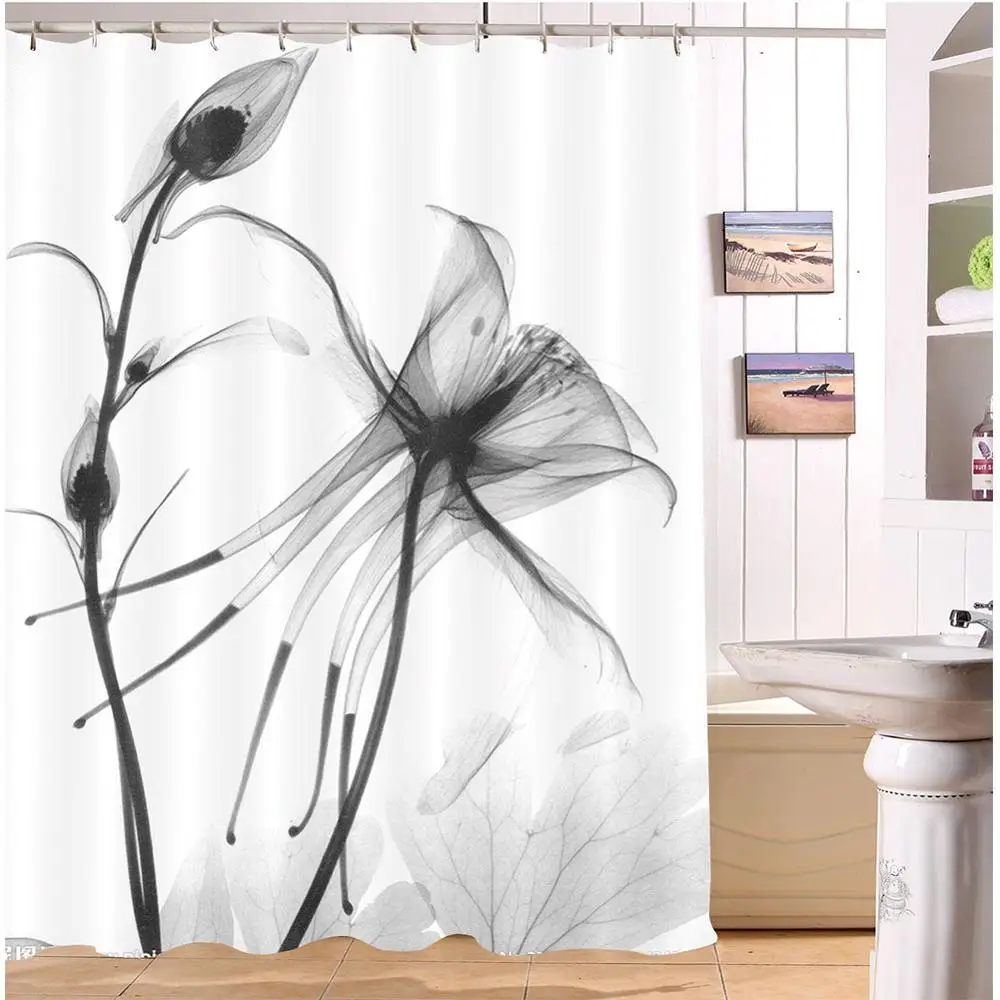 Абстрактный Черный X-ray Blossom прозрачный цветок Природа Белый занавеска для душа искусство Водонепроницаемый Ванная комната ткань для ванной Декор
