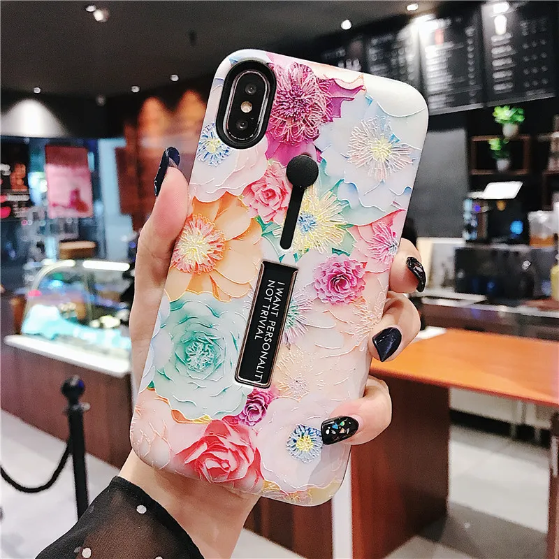 

Multi-functional Cover for Iphone 6S 6 Plus Relief Flower Patterned Phone Cases for Iphone Xr 8 7 Plus X Xs Max Stand Case Coque