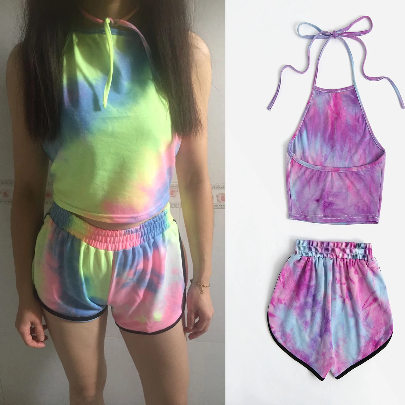 

Tie Dye Gradient Halter Bustier Crop Top Elastic Waist Short Workout Beach Bohemian Cotton Two 2 Piece Tank Vest Overalls Robe