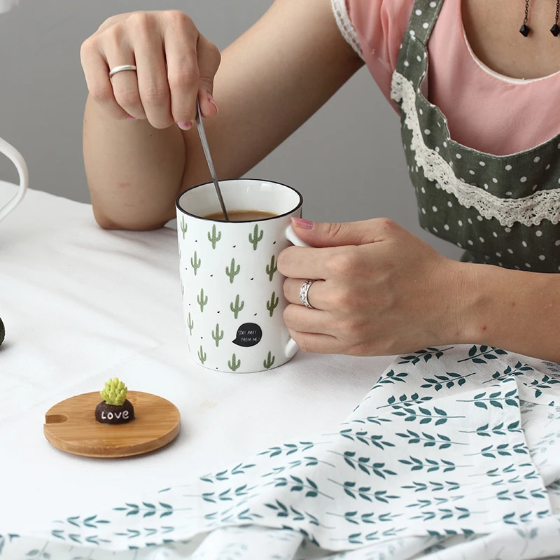 

Ceramic Coffee Cups Cute Cactus Mug Creative Milk Tea Cup with Lid Spoon Home Breakfast Mugs Drinkware Drop Shipping