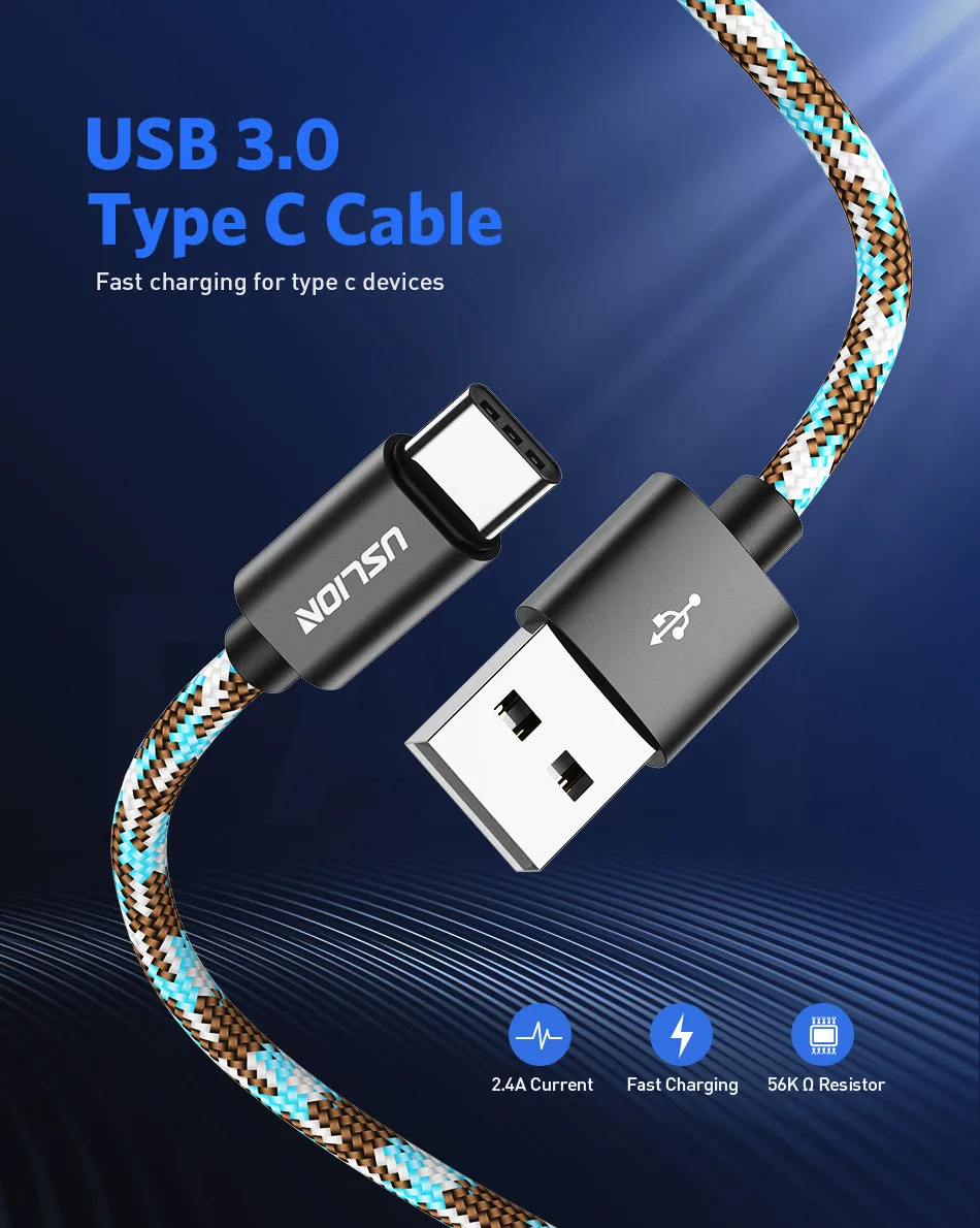 USLION usb type C кабель для быстрой зарядки usb c кабель для передачи данных зарядное устройство usb-c для samsung S8 S9 S10 Note 8 xiaomi mi 9 mi 9 huawei P30 P20