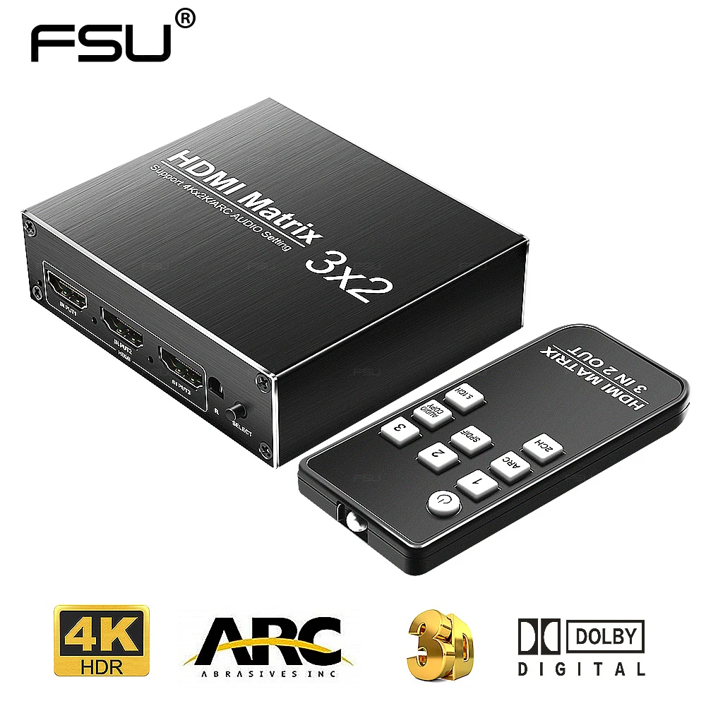 HDMI матрица 3 в 2 выхода переключатель 0 4k 60 Гц HDR 3x2 аудио экстрактор ARC Dolby звук для