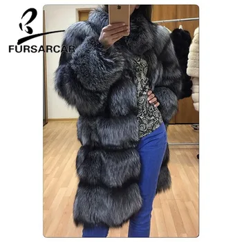 

FURSARCAR 2018 Real Silver Fox Fur Coat Top Quality Winter 100 CM Long Female Silver Fox Fur Jacket With Fur collar