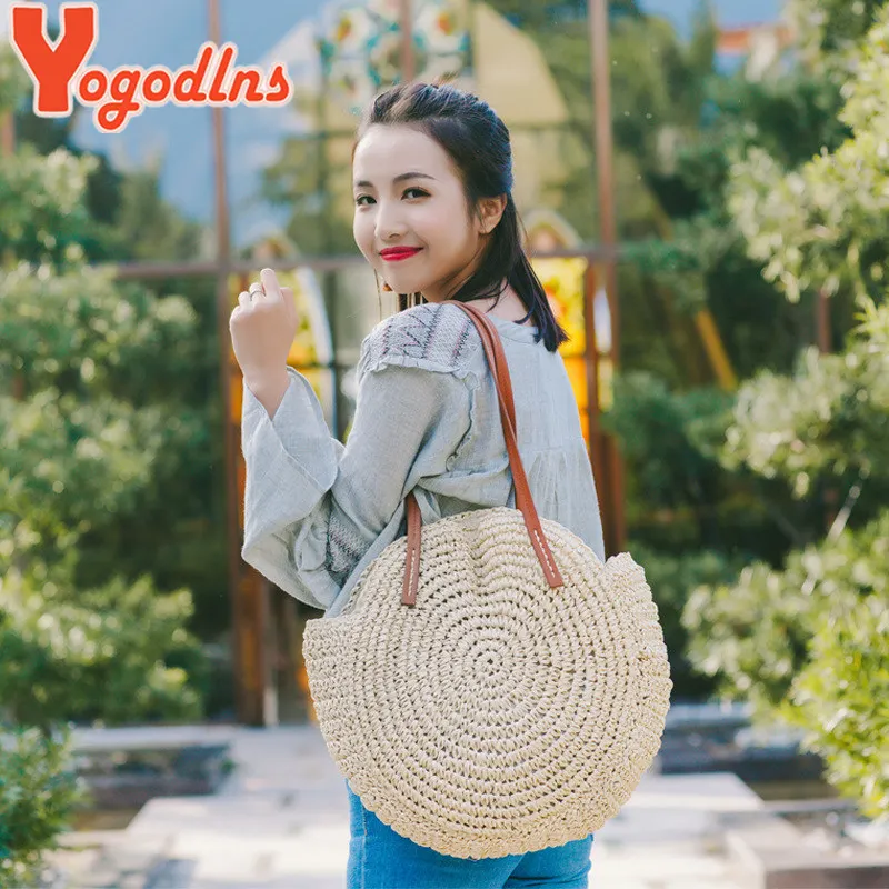 Yogodlns New Round Straw Bags Women Summer Rattan Bag Simple Style Handmade Woven Beach Knitted Bag Circle Bohemia Handbag Bali