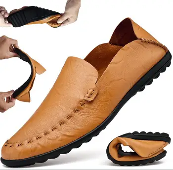

2019 Genuine Leather Men Casual Shoes Loafers Moccasins Breathable Slip on Black Driving Shoes mocassin homme D-144