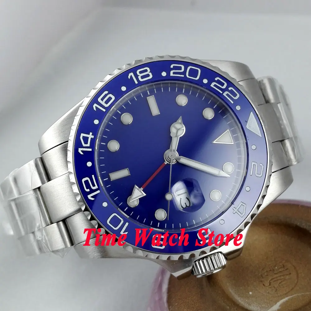 Bliger часы 43 мм синий стерильный циферблат красный GMT ручной керамический ободок сапфировое стекло, Автоматические Мужские t мужские часы 297