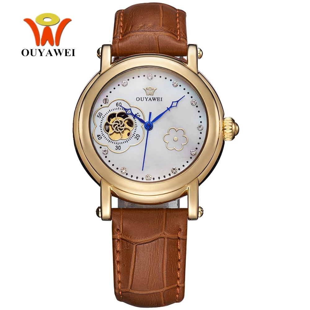 

New OYW Fashion Self Wind Automatic Mechanical Women Wristwatch relogio feminino Leather band Luxury Gold Dress Lady Watch Gifts