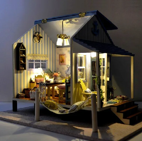 DIY Большая вилла деревянный кукольный дом Миниатюрный берег счастья ручной сборки модель подарок на день рождения кукольный домик