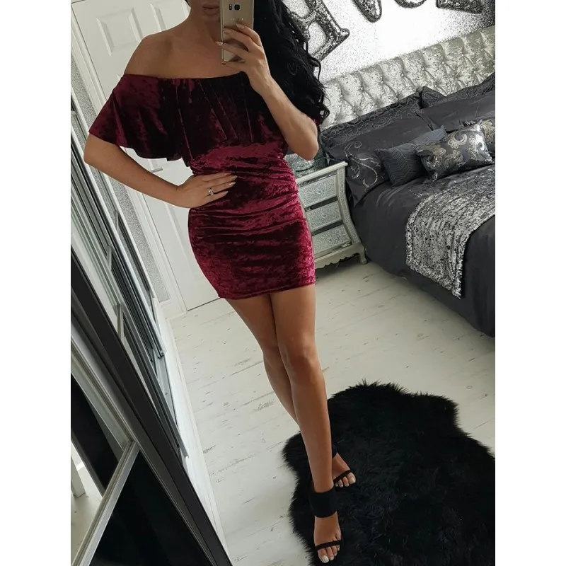 2017 Бархата Моды Dress Симпатичные Оборками Slash Шеи Bodycon Mini Sexy С Плеча Партия Клуб