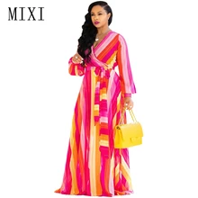 

MIXI Women Stripe Long Chiffon Dress Full Sleeve V Neck Belt Floor Length Party Dresses Elegant Vestidos Summer Beach Maxi Dress