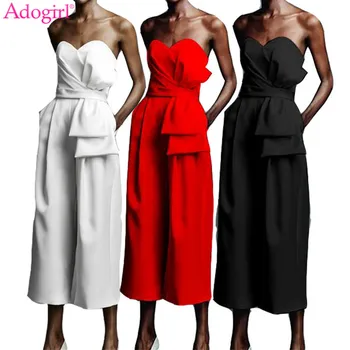 

Adogirl Large Bow Strapless Loose Jumpsuit Women Sexy Sweetheart Pockets Casual Romper Party Overalls Wide Leg Pants Playsuits