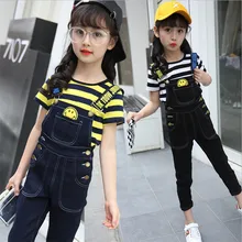 Комбинезон для девочек, комплект джинсовой одежды для девочек г., новые джинсовые комбинезоны для детей на лето и весну, футболка и джинсы, комплект-двойка 120-160