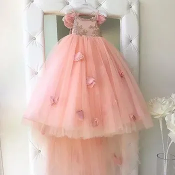 

2019 Holy Communion Flower Girls Dress Spaghetti Handmade Pink Long Flowers Flower Girls Dresses For Weddings Lace Tulle