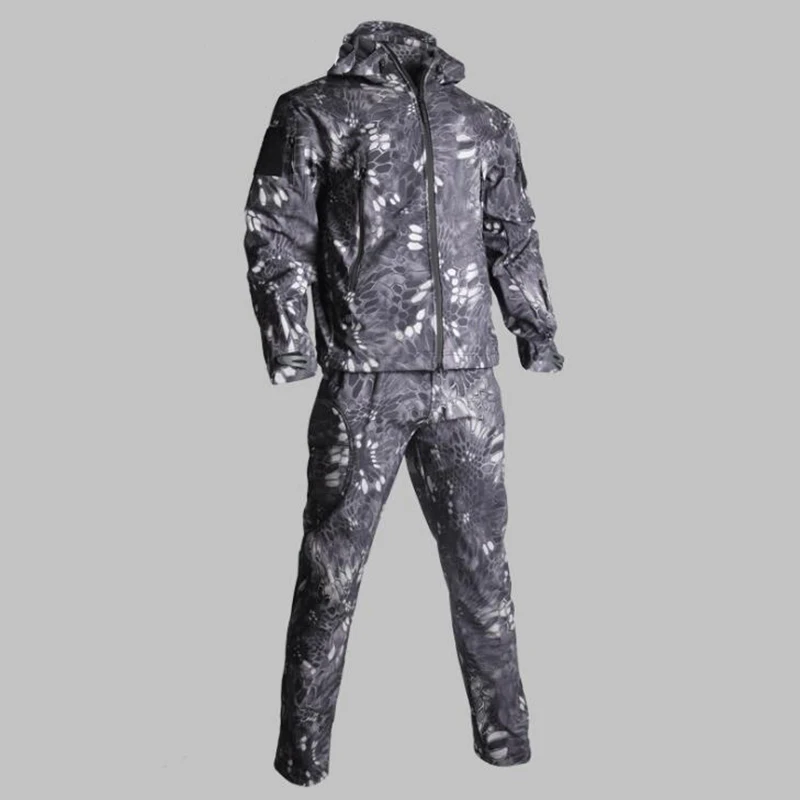 TAD для мужчин скрытень Акула кожа мягкая оболочка Военная тактическая куртка+ брюки водонепроницаемый ветрозащитный Охота камуфляж одежда - Цвет: Black Python