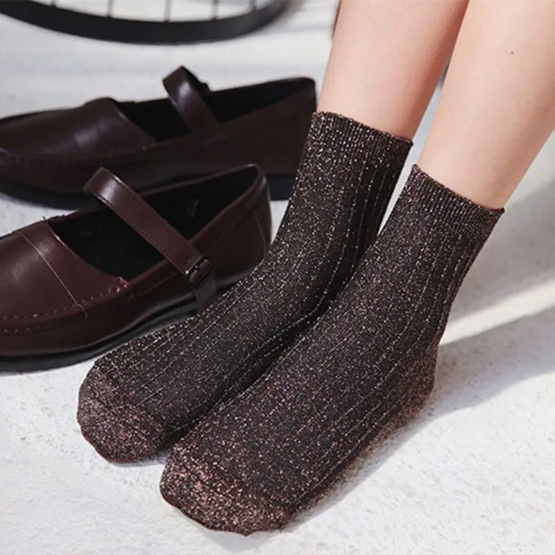 Женские винтажные длинные носки в рубчик с вертикальными полосками для девочек, однотонные нейлоновые шелковистые носки с блестками цвета металлик в стиле Харадзюку