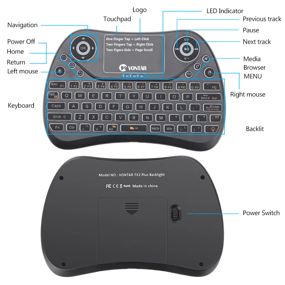 VONTAR TX2 Plus Air mouse 2,4G Беспроводная мини-клавиатура 7 цветов с подсветкой QWTREY клавиатуры сенсорная панель с подсветкой для Android tv BOX PC