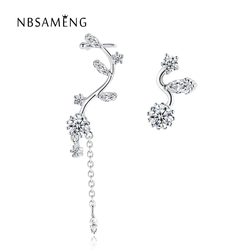 

New Fashion Design 100% 925 Sterling Silver Elegant Full Crystal Tree Post Hanging Asymmetric Long Stud Earrings