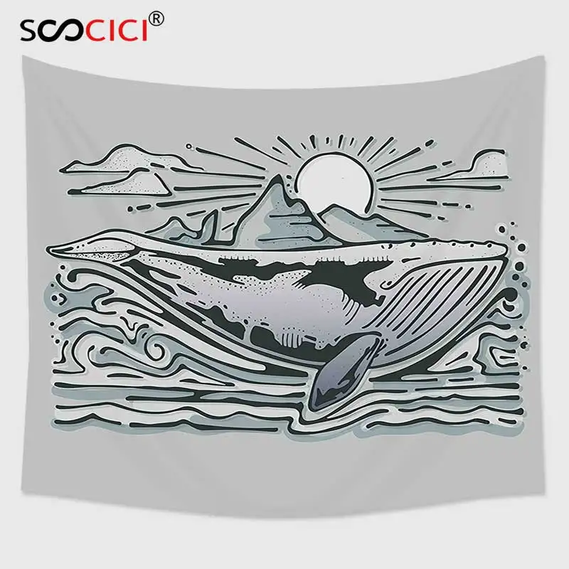 

Cutom Tapestry Wall Hanging,Whale Whale in the Sea Swimming Under Sun Clouds Mountain Nature Illustration Almond Green Slate