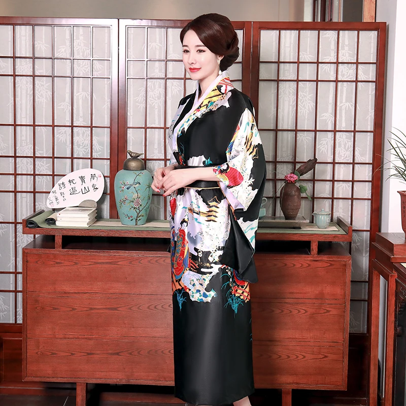 Новинка, женское кимоно купальный халат с цветочным принтом, искусственный шелк, короткая одежда для косплея, сцены, выступления в японском стиле, юката с Obi