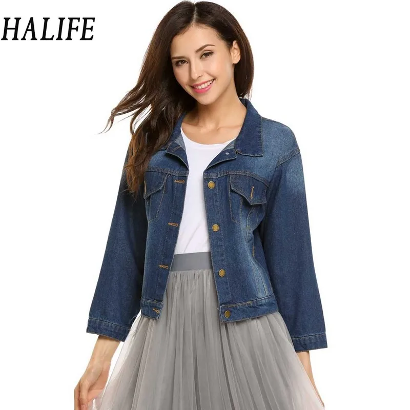 HALIFE Jeans Jacket Women Turn Down Collar 3/4 Sleeve Denim Bird