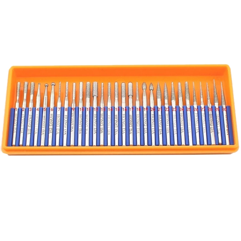 

30 Pcs Bur Diamond Grinding Head Set Coated Carving Burrs Rotary Tool Bit Grit 120 Shank 3Mm 1/8 inch For Dremel Tools Accesso