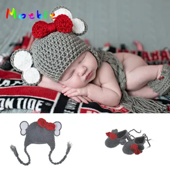

Cute Baby Elephant Hat and Shoes Set Knitted Newborn Beanie for Photo Shoot Boy Fotografia Props Animal Costume Accessories