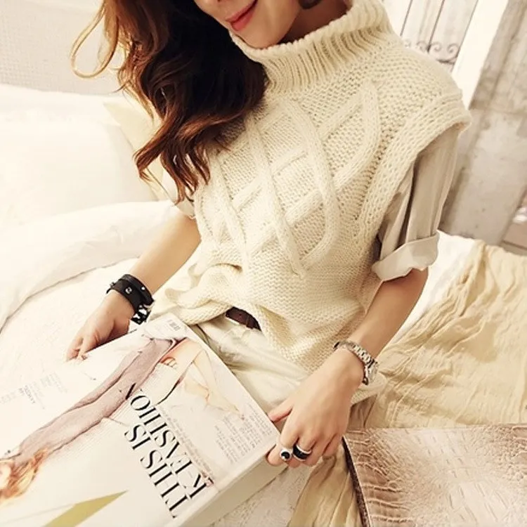 2018 Fall Winter Women Solid Turtleneck Thick Warm Knit Pullovers Sweaters Shrug Casual Female Sleeveless Vest Sweater Sweaters