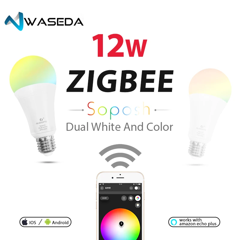 Waseda двойной белый и цвет 12 Вт светодио дный led лампочка ZigBee RGB света ww/cw AC100-240V ZIBEE ZLL ссылка свет работы с amazon ecoh E27E26