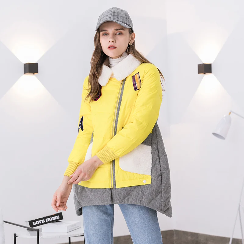 Femmes Hiver Veste yellow Z14 Red Bas Femelle Nouveau La Plus Mode Lettre Patchwork Longues Manches Tournent Le Parkas Taille Vestes Vers Manteaux rBwqr