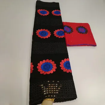 

2019 High Quality Black With Red Cotton Lace Fabric Nigerian Embroidered Flowers Cotton Lace Fabric And Stones Material AMY2244B