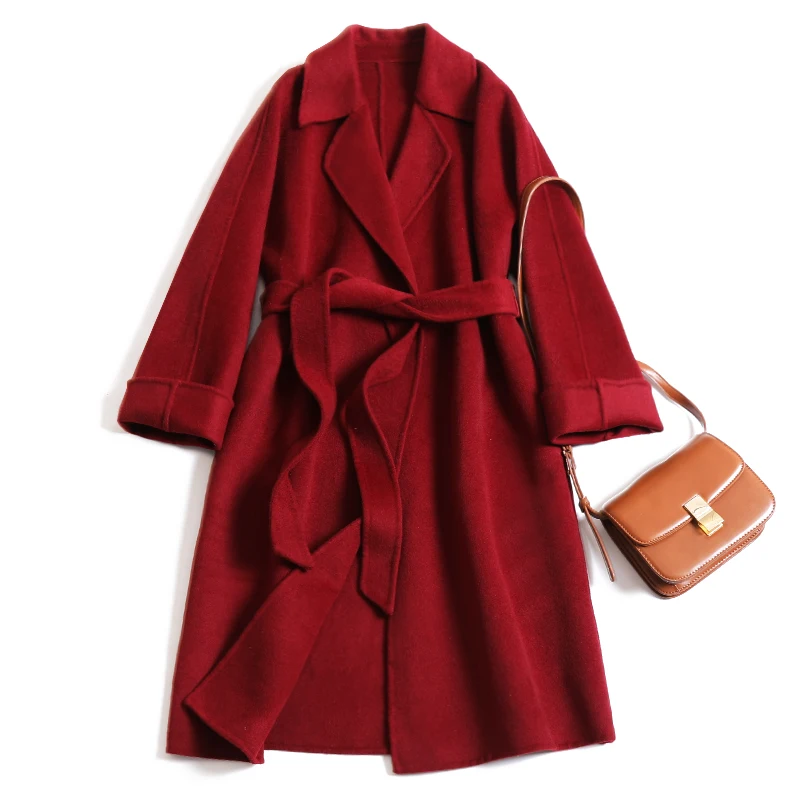 

New 100% Wool coat Cashmere Overcoat In Spring 2019 Red Long Alpaca Cashmere Coat Women's Wool Coats With Belt Brand Quality